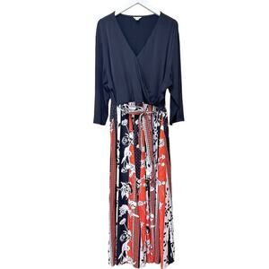 Cato Est. 1946 Black Multicolor Tie Belt 3/4 Sleeve V-Neck Maxi Dress Sz 22/24W